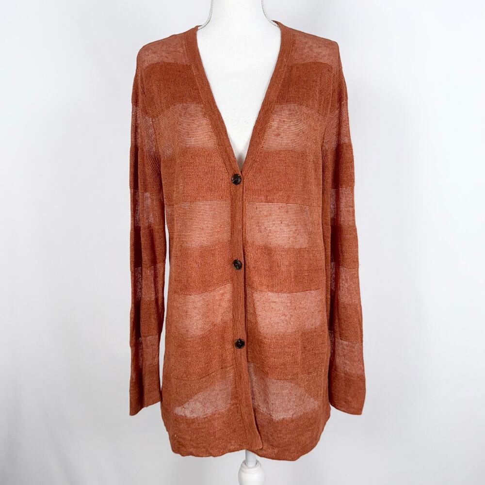Layfayette 148 Women's Burn Out Stripe 100% Hemp Cardigan Sweater XL Orange